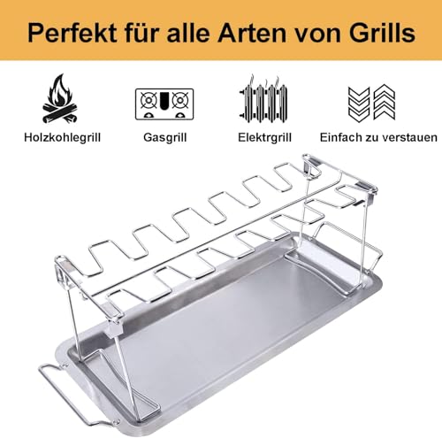 Hähnchenschenkel Halter für Backofen & Grill, Hähnchenkeulenhalter aus Edelstahl mit Platz für 14 Keulen, Grill Hähnchenschenkelhalter mit Auffangschale, Hähnchenkeulen Grill Ständer BBQ Rack