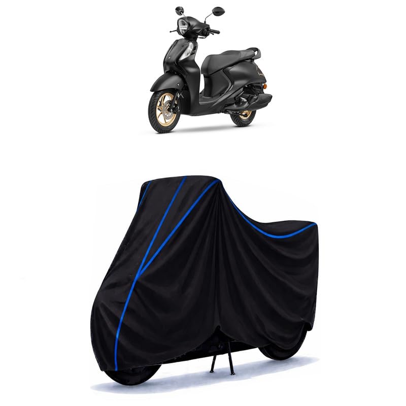 Image of Scooty Cover Water Resistant for Fascino BS6 | Universal Scooter & Bike Cover | Heavy Duty UV Dust, Rain & Scratch Protection | Elastic Fit All Weather Indoor Outdoor | Black with Blue Piping
