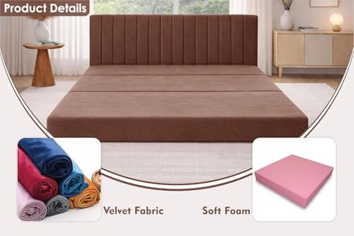 Image of Rosebell 5x6-Three Seater Upholstered Armless Sofa Cum Bed with Backrest | Soft Velvet Fabric Finish | Modern Living Room & Bedroom -Brown-Color