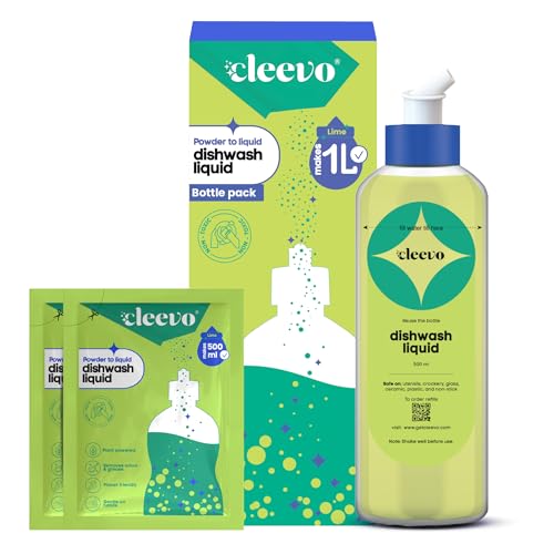 Image of Cleevo Dishwash Liquid Gel 1L Bottle Pack (2 Sachets makes 1 Litre) |Powder to Liquid | Removes Oil, Grease & Burnt Residue | Non-Toxic, Kids & Pet Safe Dishwashing Gel (Lime)