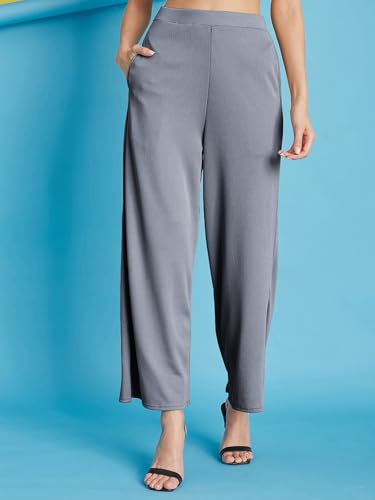 Image of Selvia Women's Solid Ribbed Lycra Elastic Regular Fit Wide-Leg Trouser