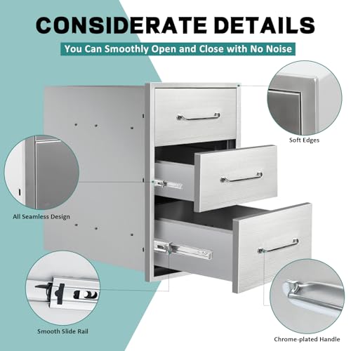 Image of Outdoor Kitchen Drawers 14 inch W x 21 inchH x 21 inchD Stainless Steel Drawer BBQ Triple Drawers with Chrome Handle for Outdoor Kitchen Island, Patio Grill Station