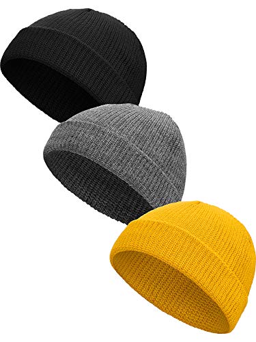 SATINIOR 3 Pieces Winter Trawler Beanie Watch Hat Knit Cuff Beanie Roll up Edge Skullcap Fisherman Beanie (Black, Yellow and Grey)