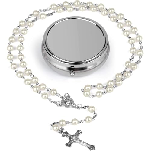 Rosary Beads,Pearls Rosary Bead Catholic Women Necklace White Artificial Pearl & Cross Kids Communion Confirmation Gifts with Jewel Box Girls Solid Color Necklaces Ornaments Accessory for Teenagers