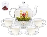 GURUDAR Glass Teapot Set, 40OZ/1200ml Stovetop Safe Glass Tea Kettle with Removable Infuser & Tea Warmer, Tea Cups and Saucers Set of 4, Blooming Tea & Loose Leaf Tea Maker Set for Women