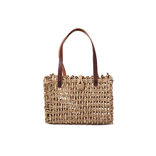 Image of KADAM HAAT Handmade Sabai Grass Lunch Bag for Women | Mesh Tiffin Bag for School & Office | Eco Friendly Carry Bag with Leather Handle | Natural Fiber Artisan Bag | Small | Beige