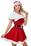 Khanda Christmas Costumes for Women Sexy Santa Dress with Velvet Cape anf Belt for Cosplay Mrs. Claus Costume Christmas Outfits 4PCS (Red, Medium)