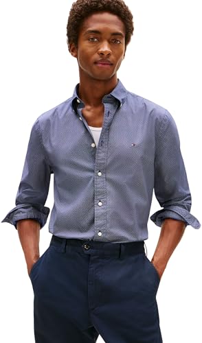 Image of Tommy Hilfiger Men’s Flex Poplin Micro Regular Fit Shirt, Blue (Preppy Navy/Allover), XXL
