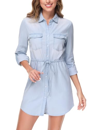 Anna-Kaci Women's Jean Shirt Dress Long Sleeves Waist Ties Casual Short  Chambray Denim, Light Blue, Small at Amazon Women's Clothing store