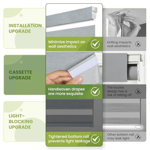 No Drill No Tools Cordless Dual Layer Zebra Blinds for Windows, Blackout Zebra Shade for Indoor Windows,Easy to Install Thermal Insulated Blinds, Light Grey, Custom Size - Image 6