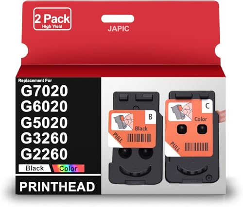 Japic BH-20 CH-20 Print Head Replacement for G7020 G6020 G5020 G3260 G2260 G2270 MegaTank Printer Remanufactured PrinterHead refillable Ink cartridges Combo Set 1 Black and 1Color