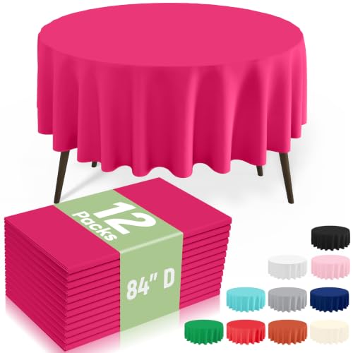 Image of misaya 12 Packs Disposable Plastic Table Cloth, 84 inch Round Waterproof Tablecloth, Leakproof & Sturdy Decorative Table Covers for Picnic, Party, Outdoor and Back to School, Hot Pink