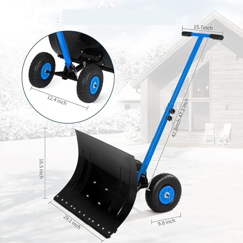 Heavy-Duty Wheeled Snow Plow with Adjustable Handle & Ergonomic Snow Shovel – Perfect for Driveways & Sidewalks (Red, 29.1" W x 19.7" H)