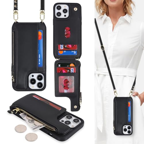 Pochette iPhone 13 Pro bandoulière pour femme, le sac portefeuille noir idéal en voyage