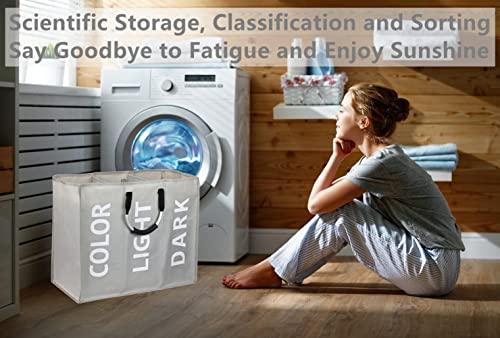 Slim Laundry Hamper 3 Section Sorter With Handles Large Capacity Foldable 19" Tall Waterproof Laundry Basket For Dirty Clothes Storage (Light Grey) #TOP2