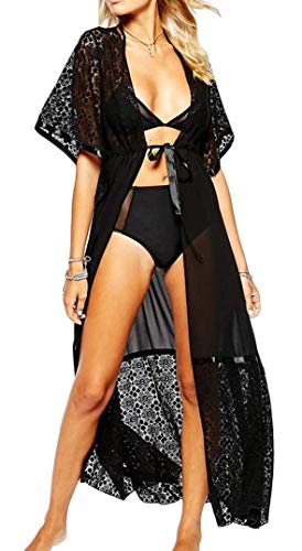 Copricostume Donna Mare - Pareo - Lungo - Pizzo - Sexy - Ragazza - da Bagno - Spiaggia - Piscina - Tunica - Vestito - Abito - Vestaglia - Camicia da Notte - Moda - Estate - Colore Nero