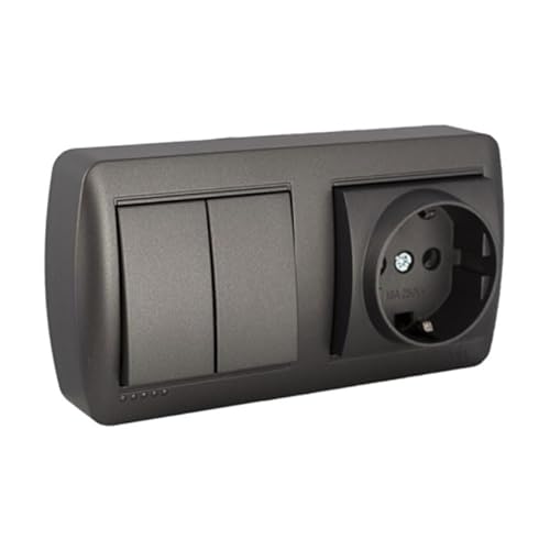 Base Schuko con doble conmutador, acabado grafito, serie mural; ideal para control de iluminación y conexiones eléctricas.