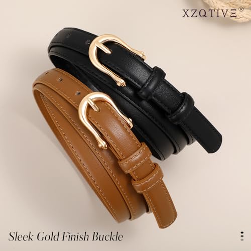 XZQTIVE 2Pack Thin Women Belt 0.7" Fashion Skinny Ladies Waist Belt for Jeans Pants Dress with Gold Buckle3