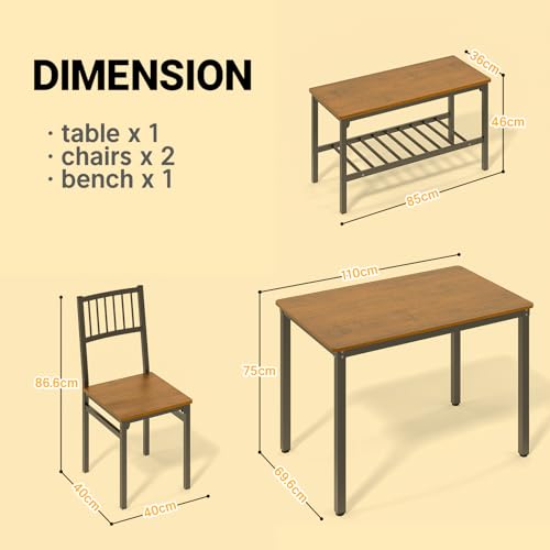 Ulifance Esstisch, Küchentisch-Set, 110 x 70 x 75 cm, mit 2 Stühlen und Einer Bank, Metallgestell, 4-teiliges Set für Küche, Esszimmer, Wohnzimmer, Teak