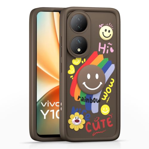 Image of Pikkme Back Cover for Vivo Y100 5G | Soft Silicone| Cute Rainbow Smile & 3D Cartoon Flower Design | Shockproof Raised Camera Protection Bumper Case (Brown)