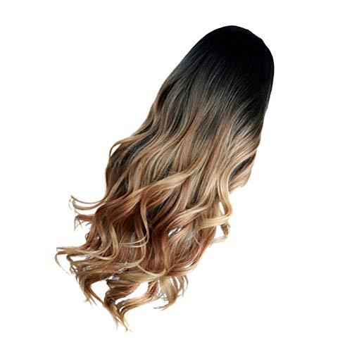 Lurrose Peruca realista de fibra fofa cor gradiente centro divisória peruca longa encaracolada capa