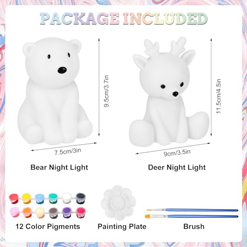 DIY Bemalen Nachtlicht Kinder, 3D Nachttischlampe 2er Set für Kinderzimmer Deko, Malen Bär und Hirsch zum als Nachtlicht Ideen für Adventskalender Füllung Kinder, Geschenke Bastelset für Kinder
