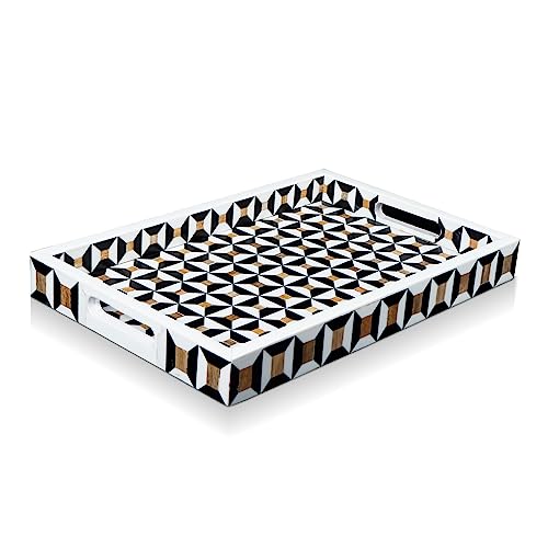 Handicrafts Home Resin Inlay Wood Black White Decorative Ottoman Tray,17x11