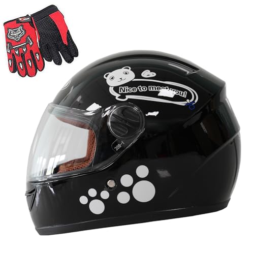 Kids Motorcycle Helmet with Panda Design and Racing Gloves Set DOT Certification (Black)