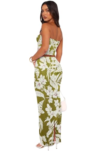 Image of Two Piece Dress Outfits for Women Sleeveless Tube Tops Bodycon Maxi Dress Summer Strapless Crop Top Sexy Suits Set