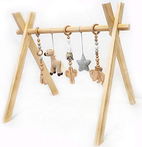 Wooden Play Gym for Baby Foldable Infant Activity Set Wild WEST Adventures Cowboy Natural Wooden Montessori Mobile Toys with Wooden Frame Play Gym Activity Set and Handmade Crochet Teething Toys