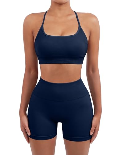 Image of SUUKSESS Women Seamless Workout Sets Strappy Sports Bra High Waist Booty Shorts Outfits