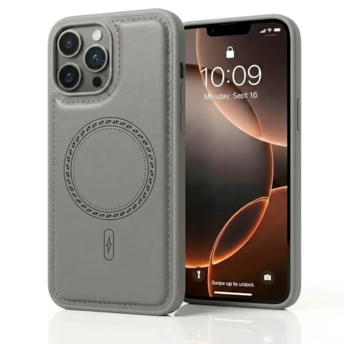 Image of amazon basics Premium PU Leather Case for iPhone 15 Pro, MagSafe Compatible Magnetic Ring, Sleek Protective Back Cover - [Gray]