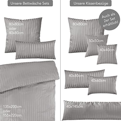 Pure Label Mako Satin Damast Streifen Bettwäsche hellgrau 135 x 200 cm mit Kissenbezug 80 x 80 cm aus 100% Baumwolle - Traumhaft weiches Mako Satin Bettwäsche Set in Uni - Image 8