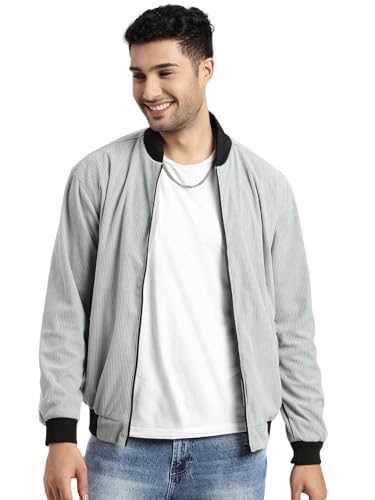 Image of SHOWOFFFF Men Solid Bomber Jacket | Mandarin Collar Full Sleeves Corduroy Jacket for Mens | Slim Fit Regular Length Jacket for Men's