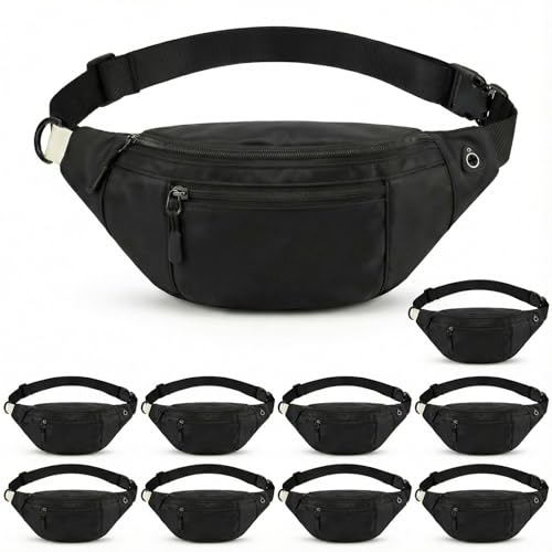 10 Pack Bulk Crossbody Fanny Packs Black Plain Waist Bags for DIY HTV Vinyl Large Capacity Oxford Sling Bag with Adjustable Strap Waterproof Hip Belt Bag for Team Gifts & Travel