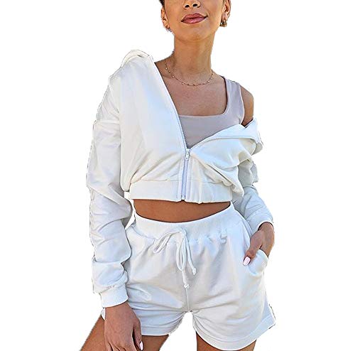 Loalirando 2 Pezzi Completo Sportivo Donna Tuta da Ginnastica Ragazza Maglietta a Manica Lunga con Cappuccio+ Pantaloncini a Vita Alta Sportwear per Yoga Corso Palestra