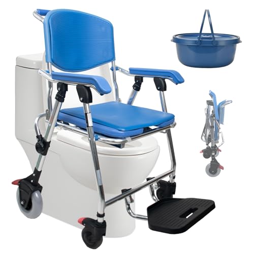BOVDC Silla Ducha WC con Ruedas Plegable, 3 en 1 Silla para Ducha para Personas Mayores con Ruedas, Azul Silla de Baño para Ancianos y Mayores con Ruedas Ducha, Impermeable y Antideslizante