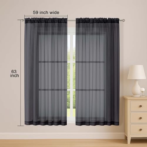 Image of OWENIE Sheer Black Curtains, Sheer Curtains 63 inch Length 2 Panels Set, Rod Pocket Voile Fimly Sheer Drapes for Living Room Bedroom, 2pcs, Black, Each 59 inch W x 63 inch L