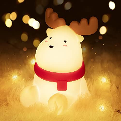 UNEEDE Reindeer Night Light for Kids, Cute Kids Night Light for Christmas Birthday Gifts, Nursery Christmas Night Light for Baby and Toddler, Squishy Silicone Light with timer for Bedroom Table Beside