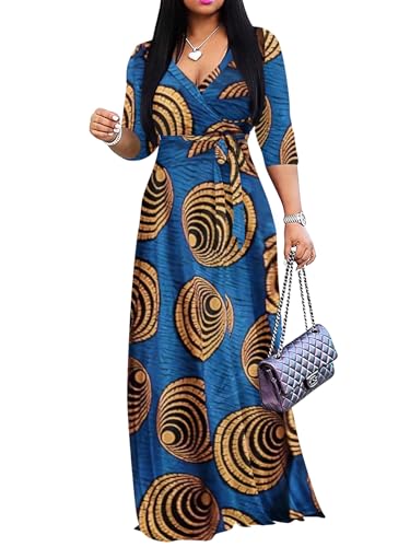 Image of Yajedo Womens Casual Summer Maxi Dress Plus Size Sexy Wrap V Neck 3 /4 Sleeve Sundress with Pockets