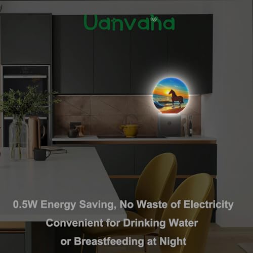 Image of Beautiful Sunset Nightlight Brown Horse Running by The Sea Night Lights Plug into Wall Dusk to Dawn Sensor Round Night Light for Adults Boys Girls, 0.5W Energy Efficient