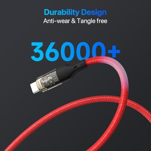 SOOPII USB C to USB C Cable [240W 10ft],Fast Charging USB C Cable with LED Display for MacBook Pro,lPhone16/15/15Pro/15ProMax,Galaxy S23+/S23 Ultra/S22 Ultra,etc.,Transparent Shell,(Red) by SOOPII - Image 7