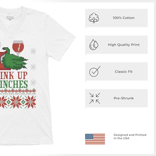 Camiseta com gola V Drink Up Grinches Ugly Sweater Christmas Party Drinking Tee, Branco, M