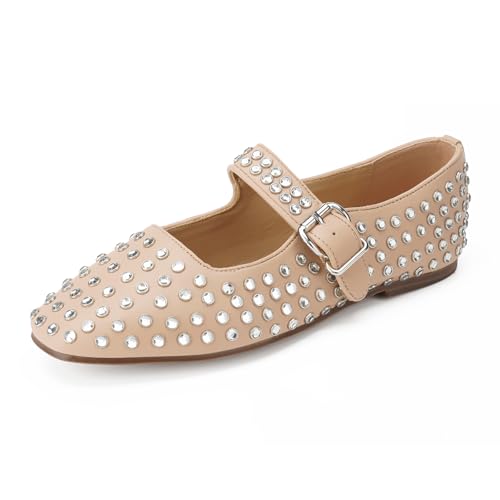 FUNKYMONKEY Women's Diamond Square Toe Mary Jane Flats with Adjustable Buckle Casual Comfort Shoes