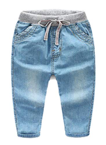 Calça jeans Hajotrawa casual com cintura elástica e perna reta fina lavada, Light Blue, 4T