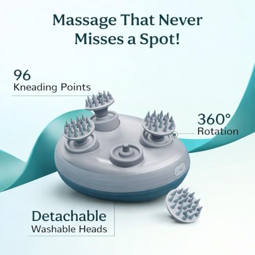 Image of Rechargeable Electric Head Massager | 88 Ultra-Soft Silicone Nodes, 4 Deep-Kneading Rotating Heads, 3 Intensity Settings, Waterproof & Portable