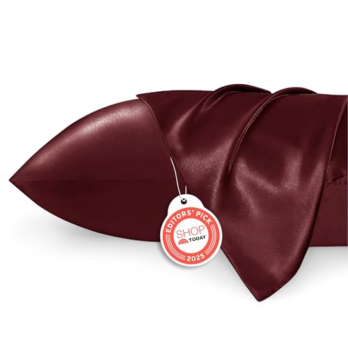 Image of Bedsure Satin Pillowcase for Hair and Skin Standard - Burgundy Silk Pillowcase 2 Pack 20x26 inches - Satin Pillow Cases Set of 2 with Envelope Closure