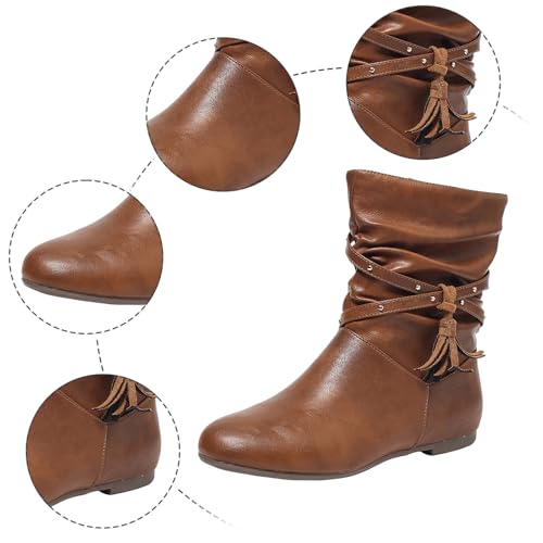 Women's Mid Calf Boots Wrinkled Side Zipper Fringe Design Round Toe Low Heel Ankle Booties Comfortable Casual Boots3