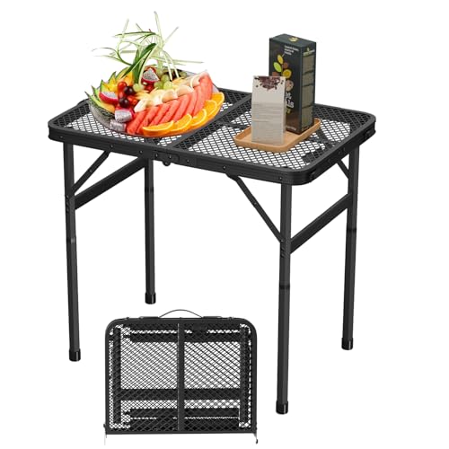 BBQration Folding Table Portable Grill Table with Metal Grid Desktop, Lightweight Outdoor Picnic Table for Camping Table, Height Adjustable Outdoor Folding Table - Small Grill Tables for Outside BBQ