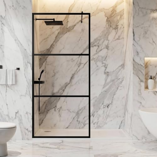 LARWORKS Duschtrennwand 90x190 cm 5 mm ESG Glas mit Nanobeschichtung Duschkabine aus schwarzem Aluminium mit Glasrahmen starker Stützstab Walk In Dusche Duschabtrennung
